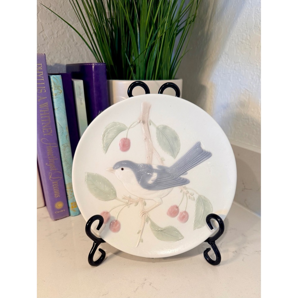Vintage Blue Bird Cherry Blossom Bas Relief Ceramic Decorative Wall Plate 7.5"